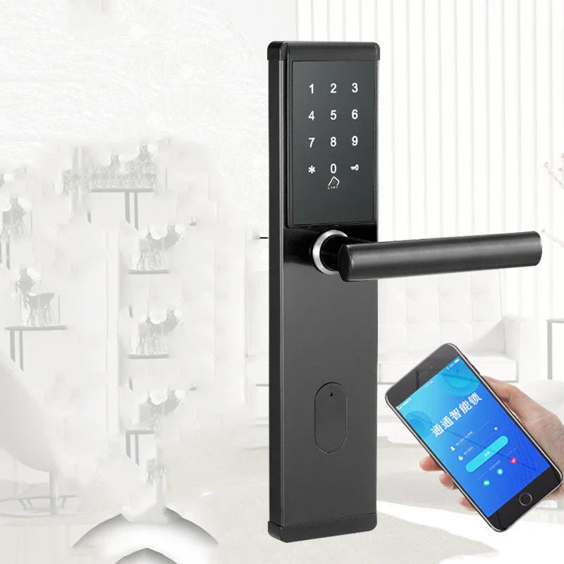 A sleek, stainless steel smart lock with a touchscreen panel and mobile app integration for remote access and control.