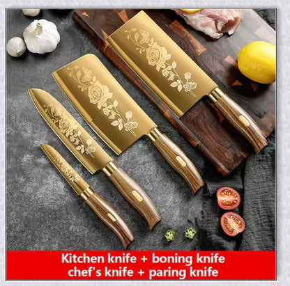 Titangold Designer Titanium Kitchen Knife Set with premium stainless steel blades and innovative titanium coating for enhanced corrosion resistance and durability.
