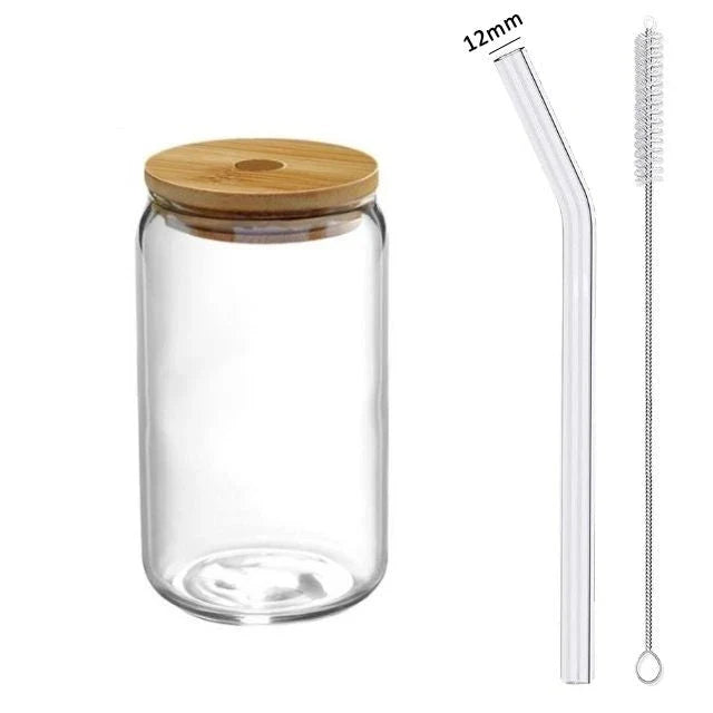 Premium 16oz borosilicate glass cup set with bamboo lid, reusable glass straw, and cleaning brush for hot and cold beverages