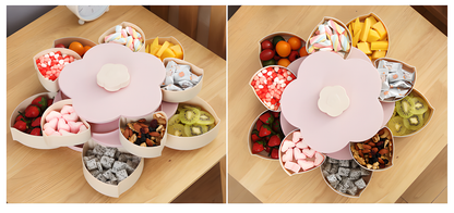 Flower-shaped expandable snack box with multiple compartments for serving a variety of treats and snacks