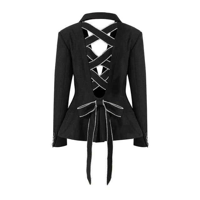 A stylish women's blazer with diamond embellishments and a bow tie collar, designed to elevate your fashion game.