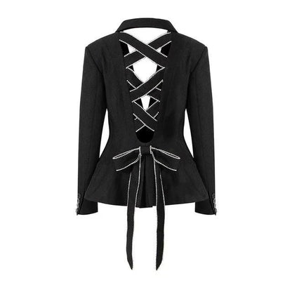 A stylish women's blazer with diamond embellishments and a bow tie collar, designed to elevate your fashion game.