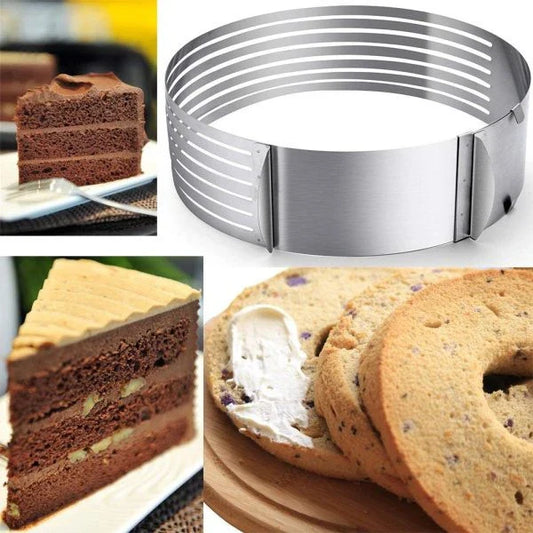 An adjustable stainless steel cake slicer with a ring that can be expanded or shrunk to fit cakes of different sizes, up to 12 inches in diameter.