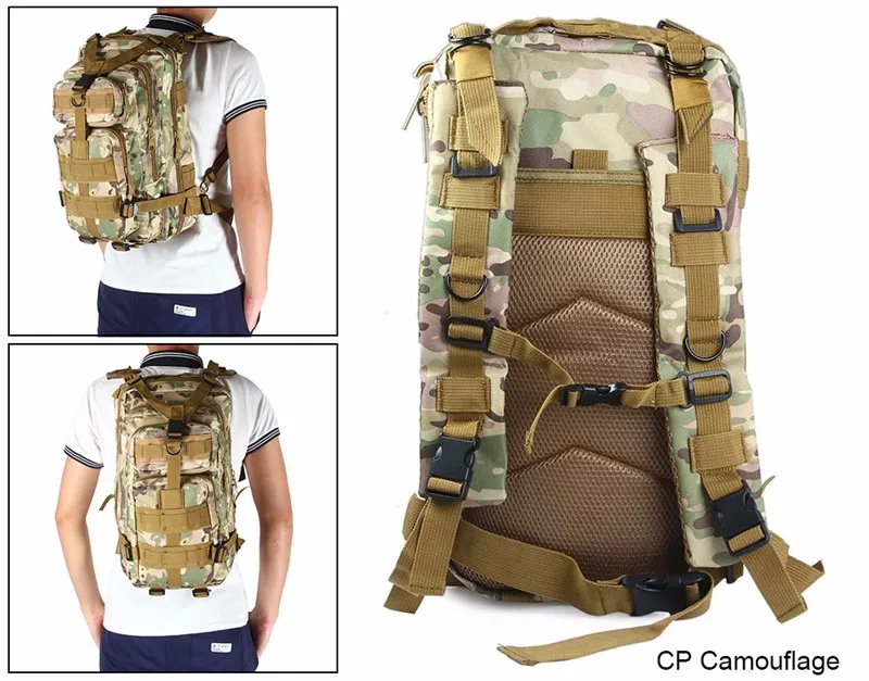 Army-inspired travel backpack with 8 camouflage patterns, featuring a spacious main compartment, adjustable straps, and breathable mesh back panel