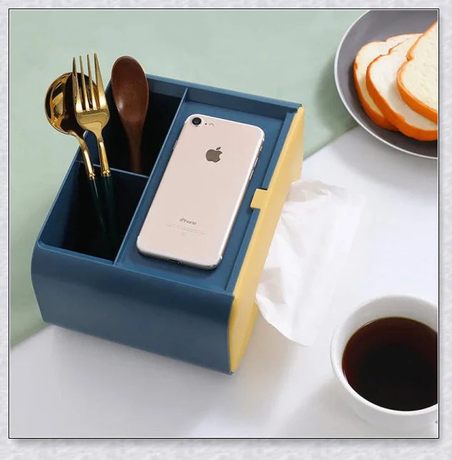 Stylish Scandi-inspired tissue box organizer with storage compartment for remote controls, makeup, and other small items, perfect for Kiwi desks and living spaces.