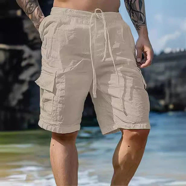 Cotton linen shorts with drawstring elastic waist and straight leg, available in various colors for casual summer style