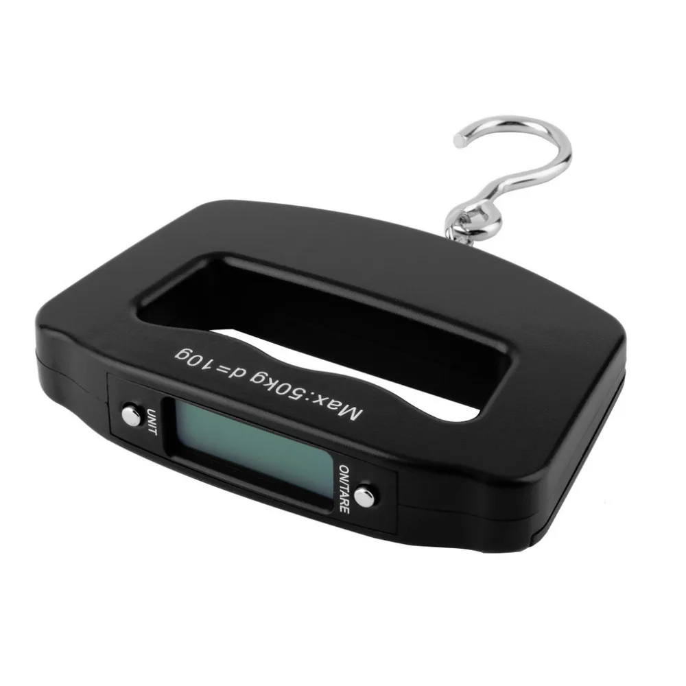 A black, compact digital fishing scale with a stainless steel hook for weighing caught fish.