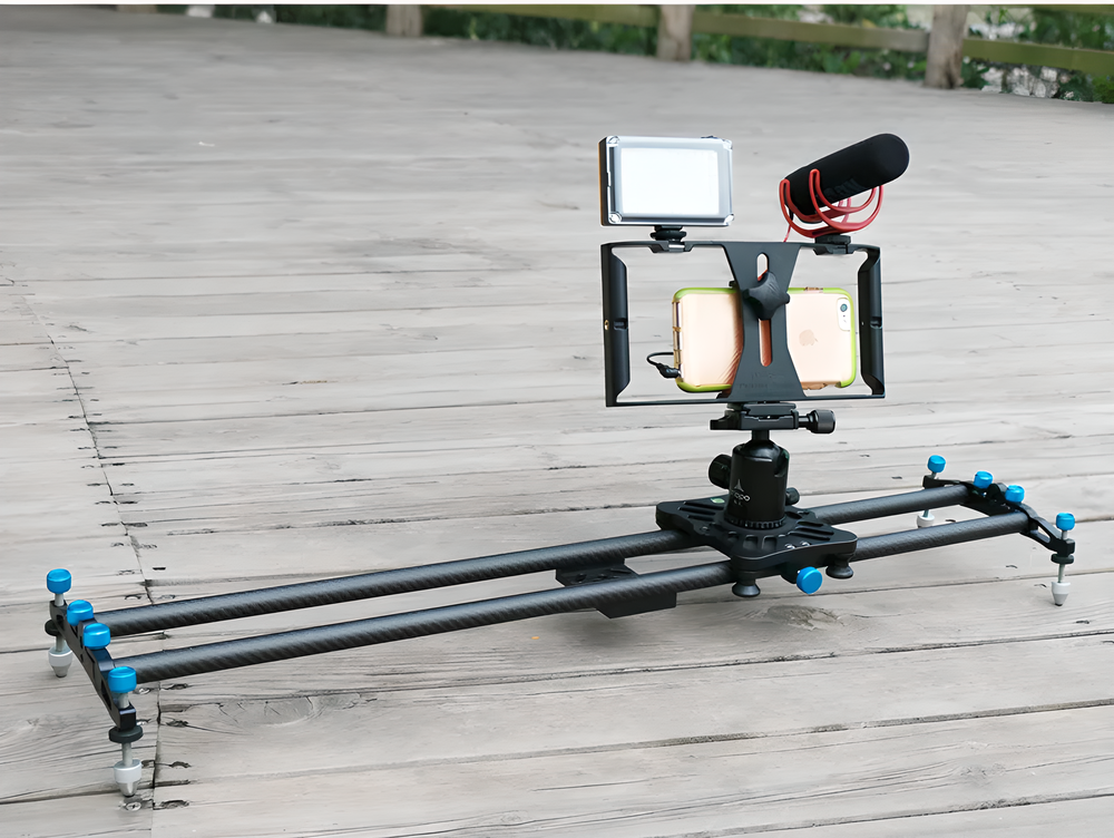 Smartphone video rig with accessories like LED light and microphone, providing stable and professional-grade filming capabilities