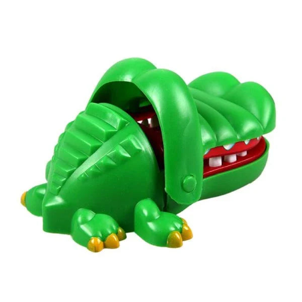 Vivid green crocodile with big eyes, wide open mouth, and sharp teeth - the Crocodile Dentist Game challenges players to carefully pull out the sore teeth using special tongs.