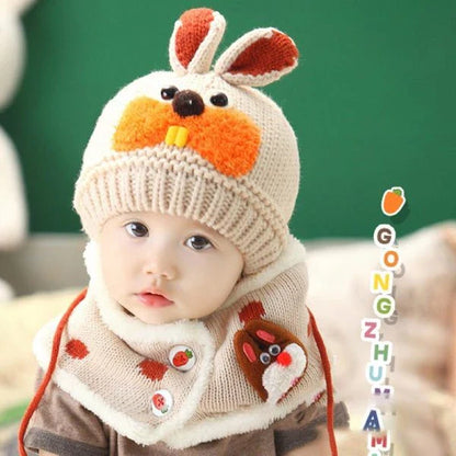 A soft, premium woolen hat for babies with a charming cartoon pattern, keeping them warm and cozy during cold weather.