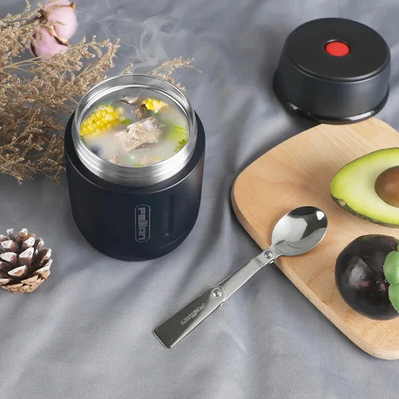 500ml vacuum insulated stainless steel food jar with foldable spoon and wide mouth, perfect for meals on the go