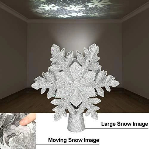 Sparkling Snow Flurry Christmas Tree Topper with 3D star design, LED projector, and rotating multicolour patterns