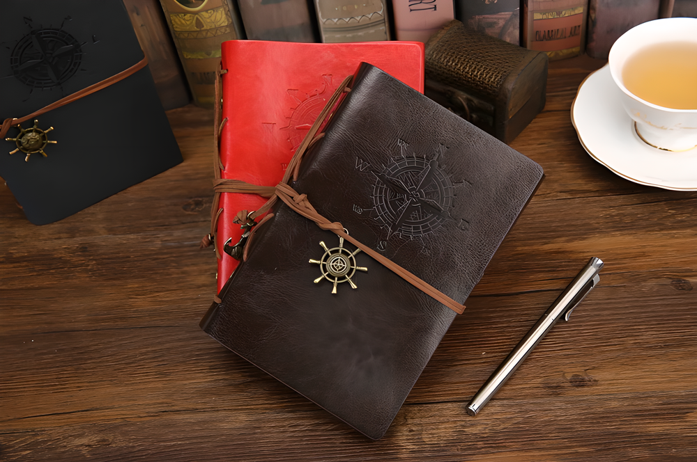 Rustic spiral PU leather journal in various colours, perfect for writing, drawing, and journaling