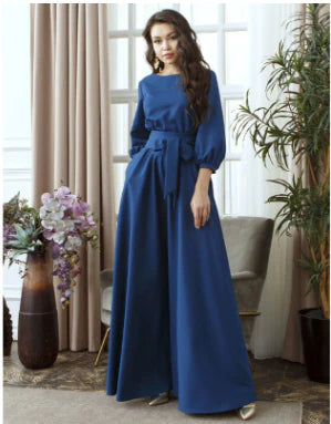 Elegant A-Line long dress with lantern sleeves, featuring a unique collage and splicing design in a timeless pure colour