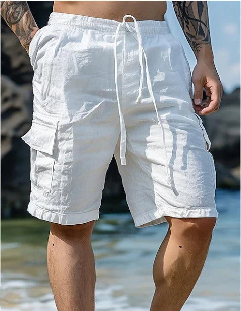 Cotton linen shorts with drawstring elastic waist and straight leg, available in various colors for casual summer style