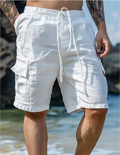 Cotton linen shorts with drawstring elastic waist and straight leg, available in various colors for casual summer style