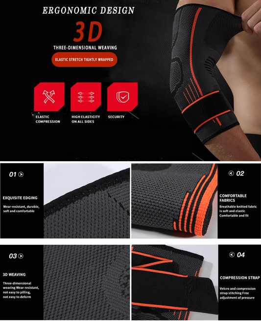 Elbow compression sleeve made of premium 3D knitted fabric with adjustable Velcro strap for customized support and pain relief