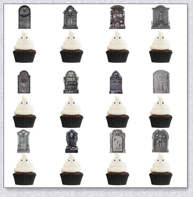 Spooky tombstone-themed cupcake toppers with skeleton designs, perfect for Kiwi Halloween parties and events