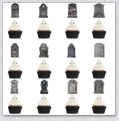 Spooky tombstone-themed cupcake toppers with skeleton designs, perfect for Kiwi Halloween parties and events