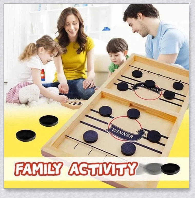 A hand-crafted wooden hockey game with rubber band-powered pucks, perfect for family bonding and screen-free fun in New Zealand