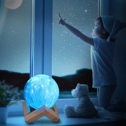 A 3D printed moon lamp with 16 colour options and a remote control, creating a stunning celestial ambiance in a living room.