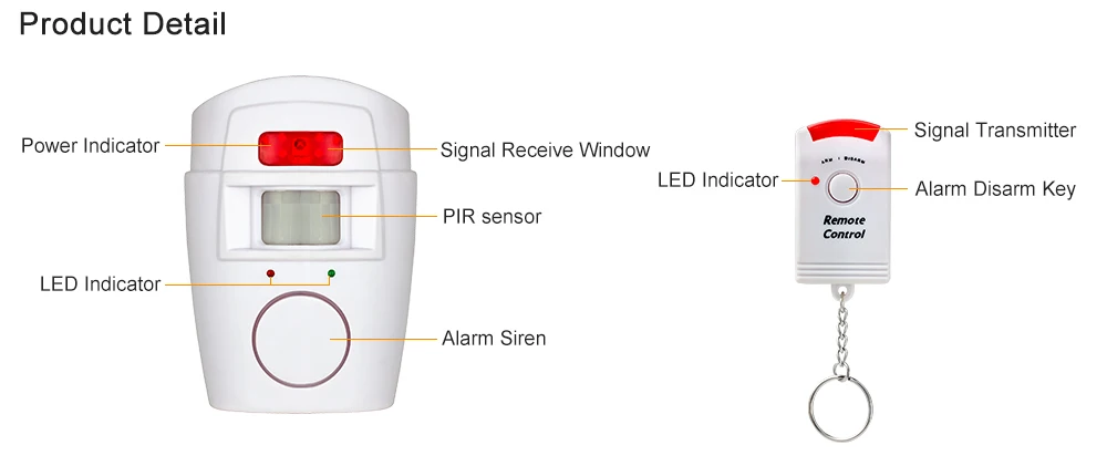 Wireless IR Motion Sensor Alarm Security System with 105 dB Siren, 110-Degree Coverage, and Remote Controls