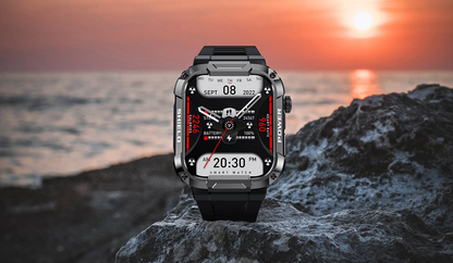 Rugged military-grade smartwatch with anti-smash and anti-fall design, real-time weather forecasts, and advanced health monitoring features