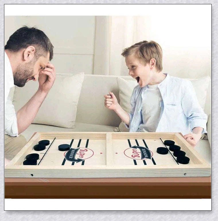 A hand-crafted wooden hockey game with rubber band-powered pucks, perfect for family bonding and screen-free fun in New Zealand