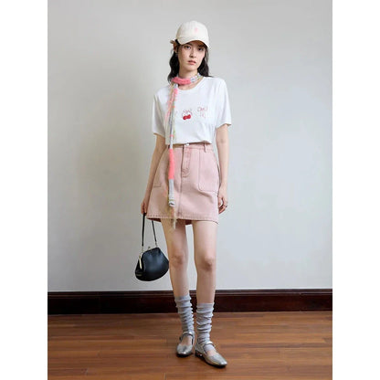 High Waist Pink Denim A-Line Mini Skirt for Women - Comfortable, Stylish, and Versatile Summer Skirt