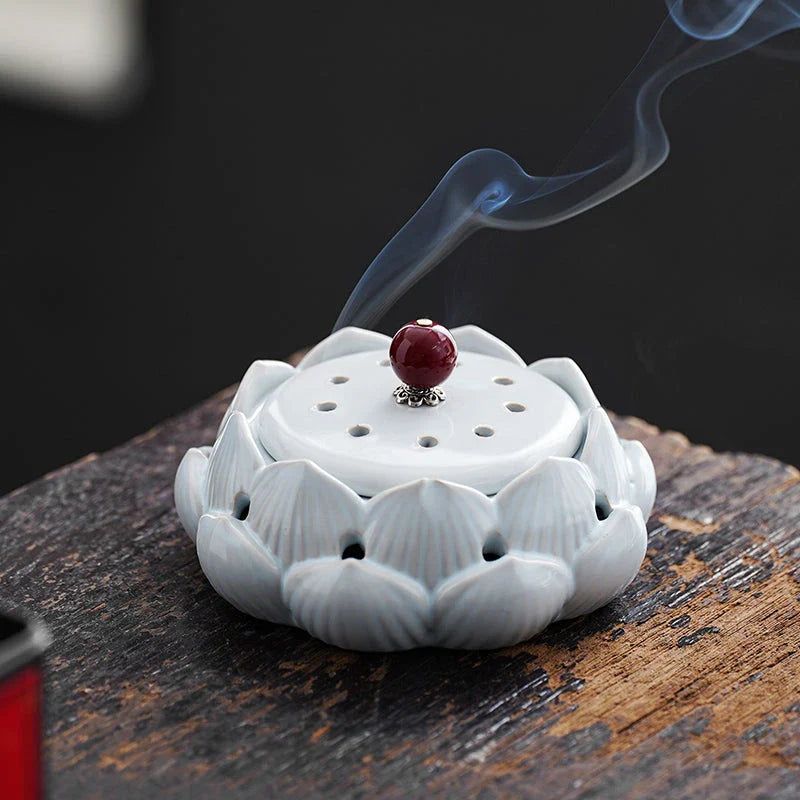 Elegant Lotus Ceramic Incense Burner, a beautifully crafted home accessory that enhances ambiance and tranquility.