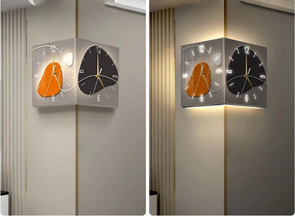 A double-sided corner wall clock made of premium acrylic with sleek aviation aluminum hands for a modern and elegant look