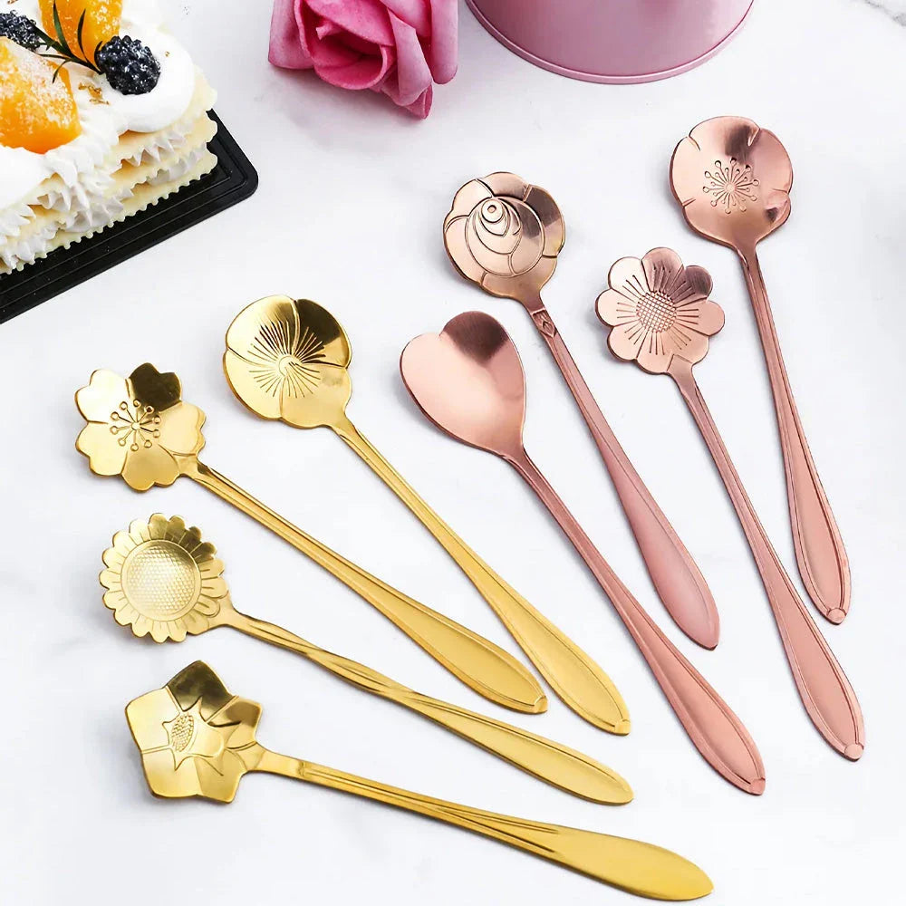 8-Piece Flower Spoon Set with Unique Stainless Steel Flower Design for Elegant Tea, Coffee, and Dessert Presentation