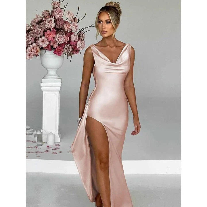 Elegant satin backless maxi dress with a V-neck and sleeveless design, perfect for formal events in New Zealand.