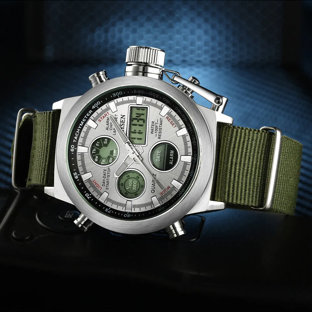 Digital Canvas Strap Army Watch with stainless steel case and canvas strap, available in black and silver colors