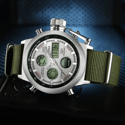 Digital Canvas Strap Army Watch with stainless steel case and canvas strap, available in black and silver colors