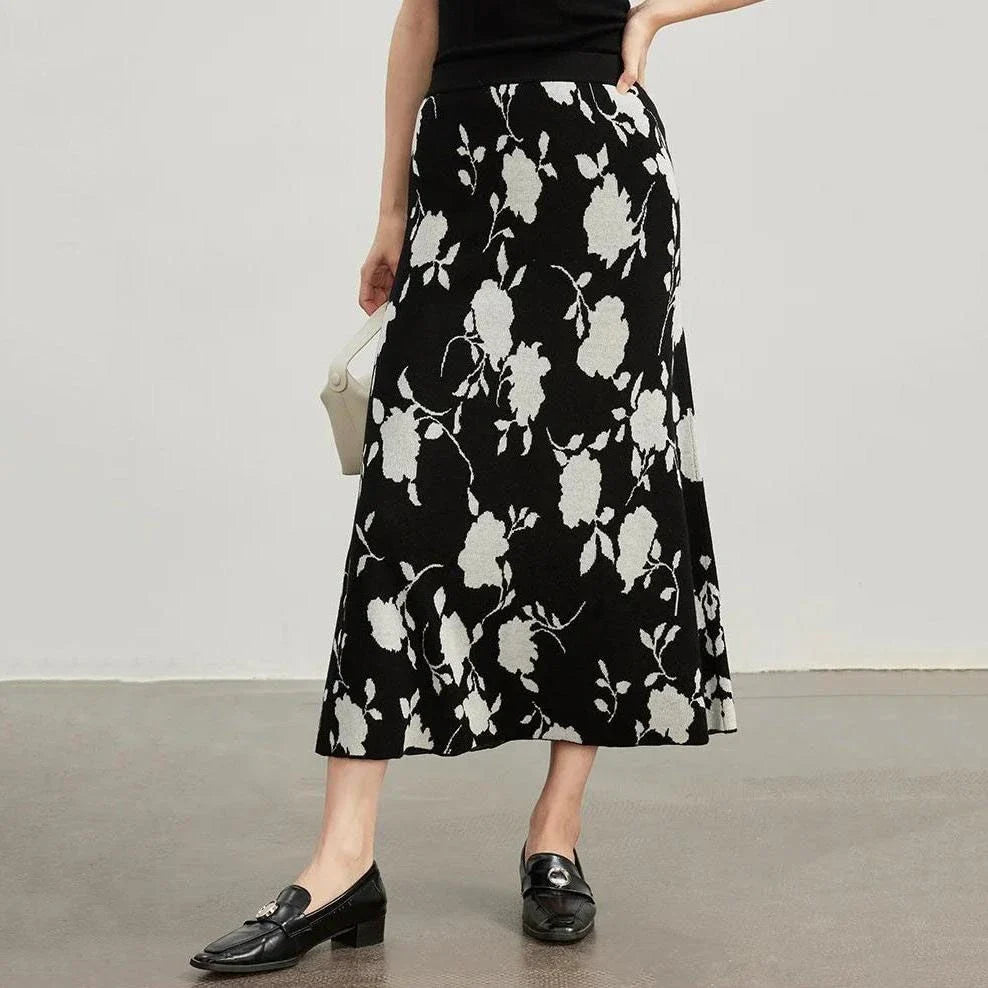 Elegant floral jacquard woollen knit skirt in a mid-calf length, designed for warmth and style during New Zealand's chilly winters.
