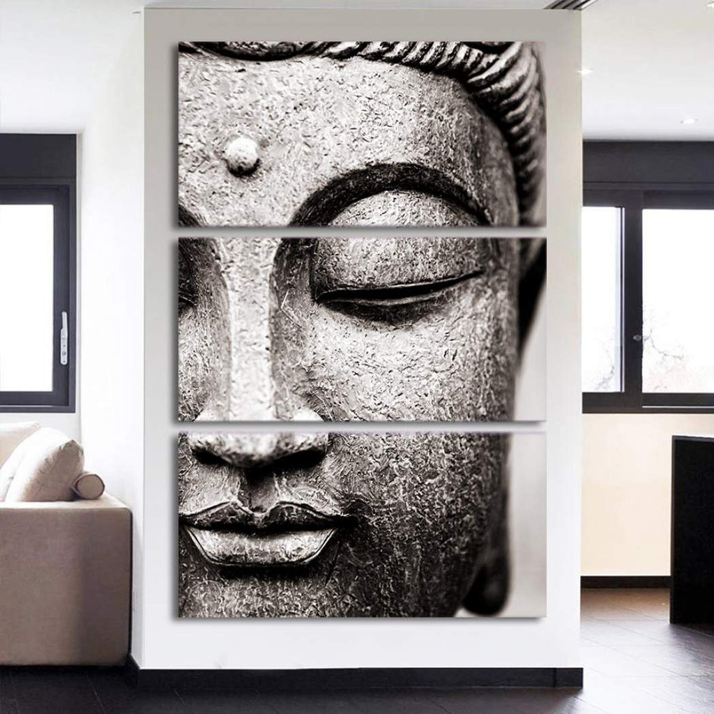 Serene 3-panel Buddha canvas wall art with a detailed, monochrome image of the Buddha's face