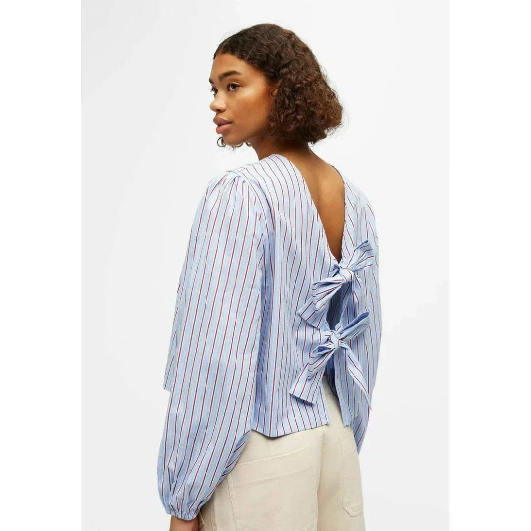 Elegant Striped Print V-neck Blouse with Lace-Up Detail and Captivating Design