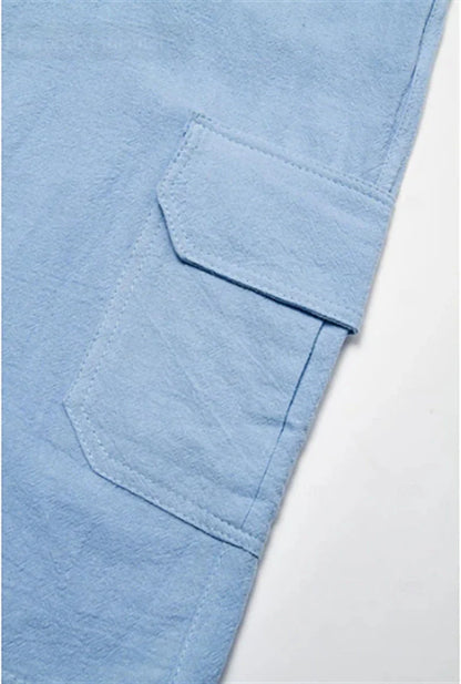 Cotton linen shorts with drawstring elastic waist and straight leg, available in various colors for casual summer style