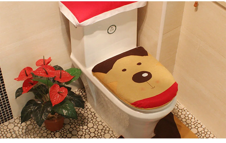 Christmas toilet seat cover sets featuring Santa Claus, Elk, Elf, and Snowman designs to decorate Kiwi bathrooms for the holidays