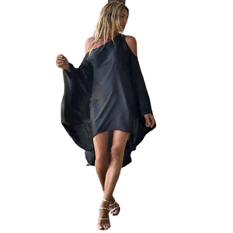 Stylish inclined shoulder printed dress set with a flowing, large swing-style skirt and vibrant patterns