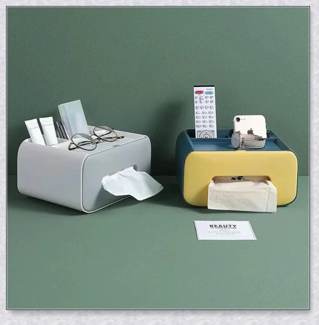 Stylish Scandi-inspired tissue box organizer with storage compartment for remote controls, makeup, and other small items, perfect for Kiwi desks and living spaces.