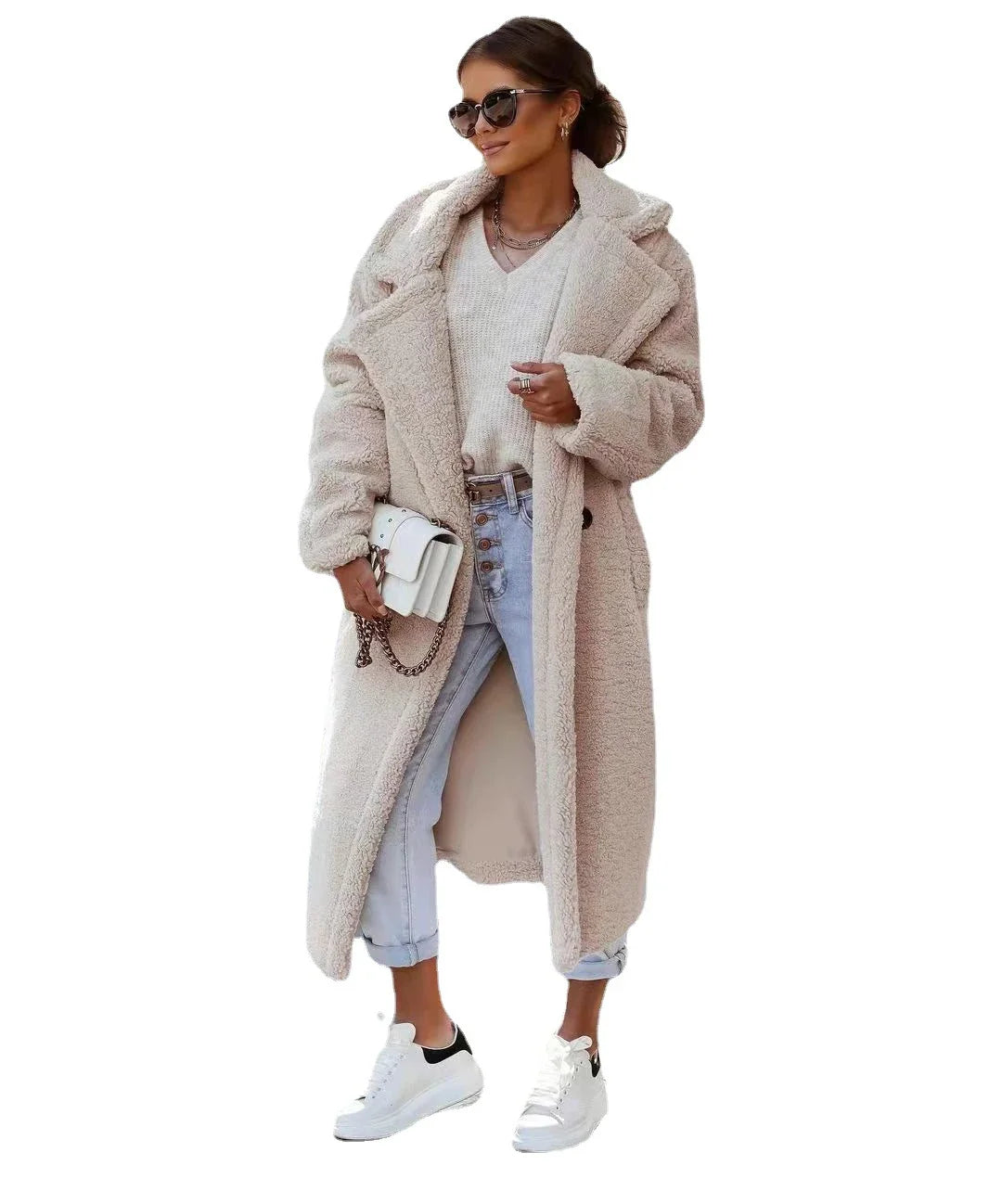 Stylish women's long fur coat with an irregular single-breasted design, available in a range of classic Kiwi-inspired colours