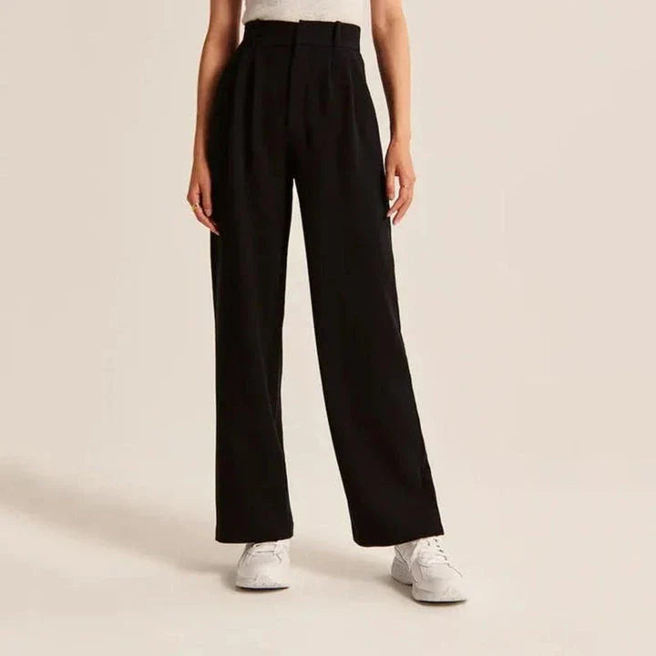 Elegant wide leg trousers for Kiwi women in a gray blue color, featuring a high-waist design and straight leg silhouette