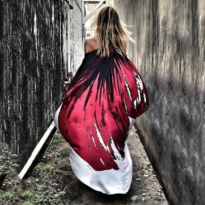 Stylish inclined shoulder printed dress set with a flowing, large swing-style skirt and vibrant patterns