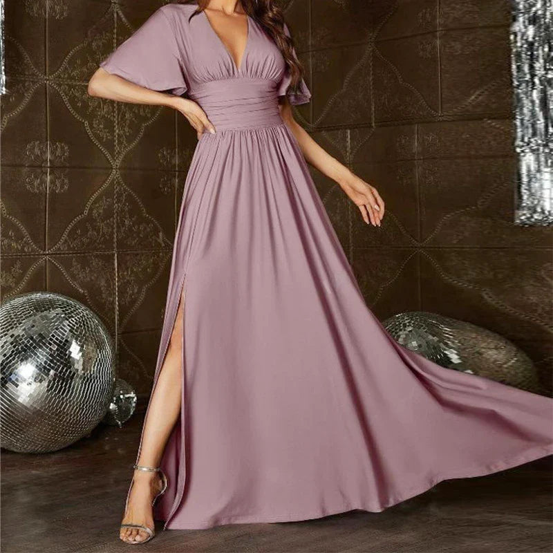 A sophisticated long v-neck dress in a range of classic colours, perfect for mature Kiwi women seeking timeless elegance.