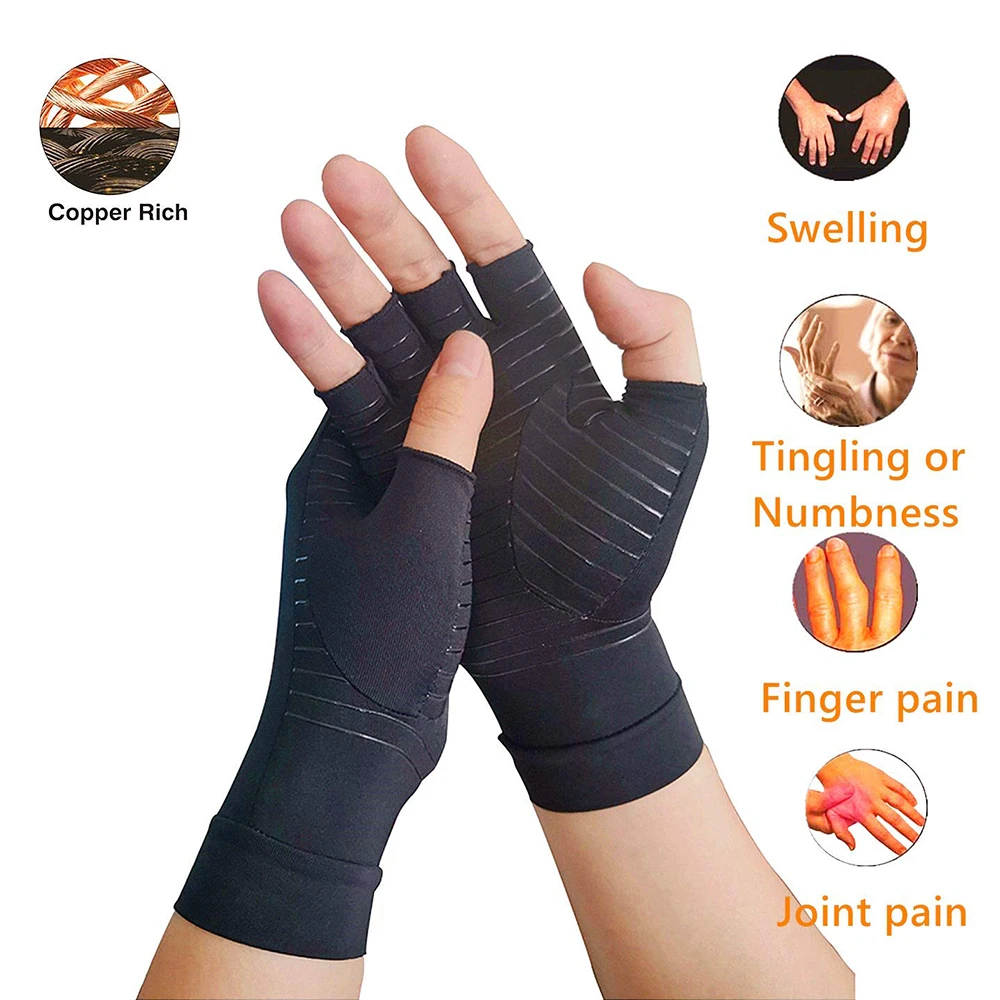 Cosy copper compression gloves designed to relieve arthritis pain and keep hands warm