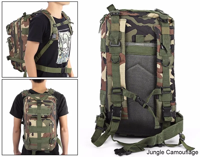 Army-inspired travel backpack with 8 camouflage patterns, featuring a spacious main compartment, adjustable straps, and breathable mesh back panel