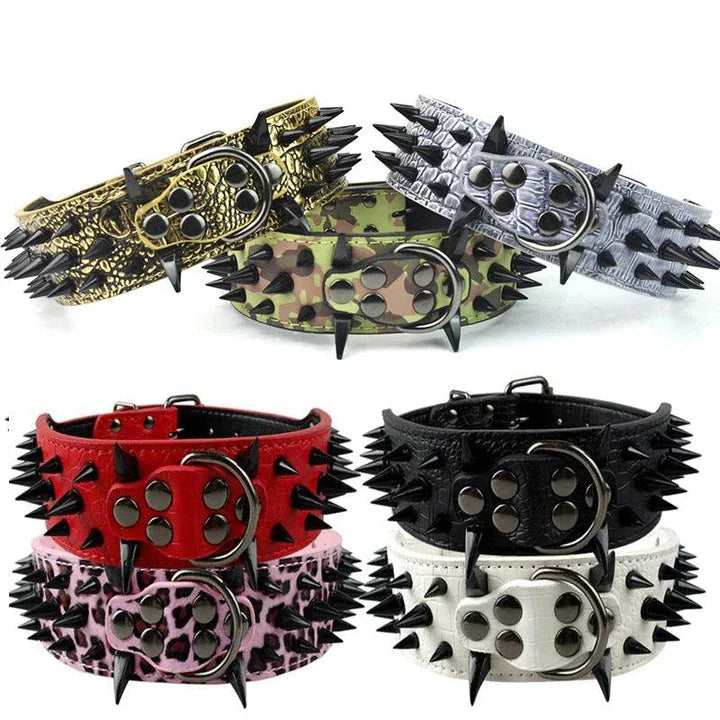 A stylish pet collar with a punk-inspired design, featuring metal accents and an adjustable fit for comfortable wear