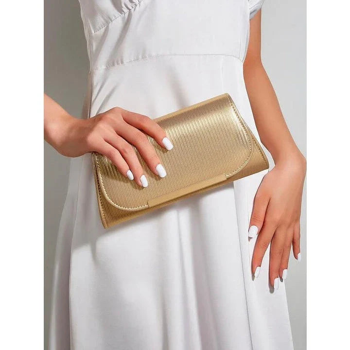 Elegant gold-colored striped PU leather clutch with detachable chain, perfect for Kiwi events and occasions